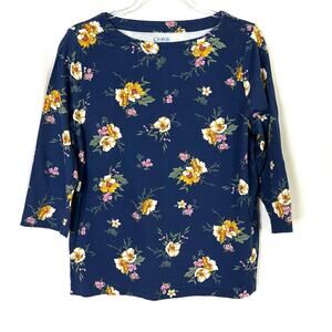 Croft & Barrow Navy Blue Floral 3/4 Sleeve Casual Tee Shirt Cotton Women Large